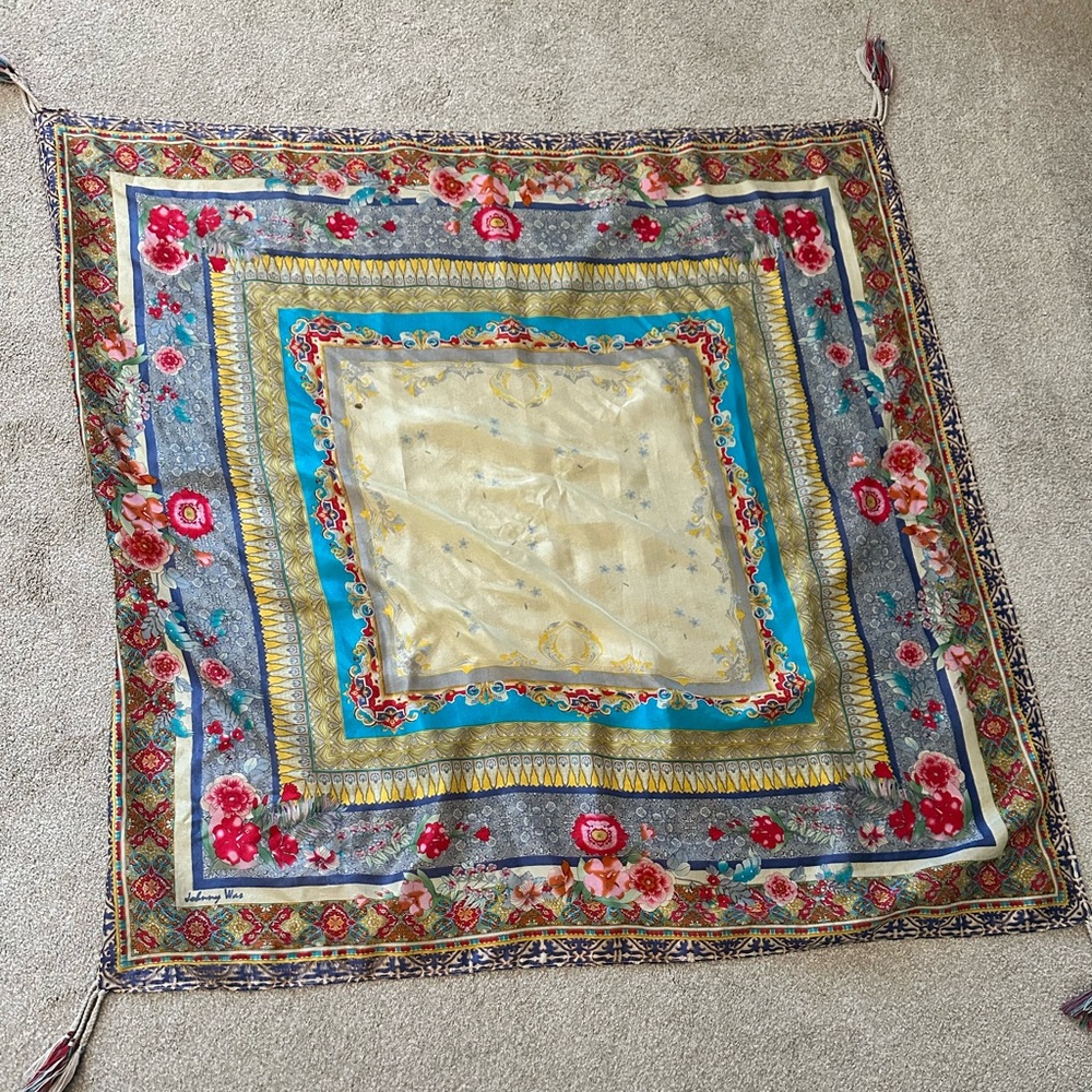 💙 Johnny Was 100% Silk Scarf – Vibrant Floral & Geometric Print with Tassels!🌸